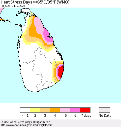 Sri Lanka Heat Stress Days >=35°C/95°F (WMO) Thematic Map For 6/26/2023 - 7/2/2023