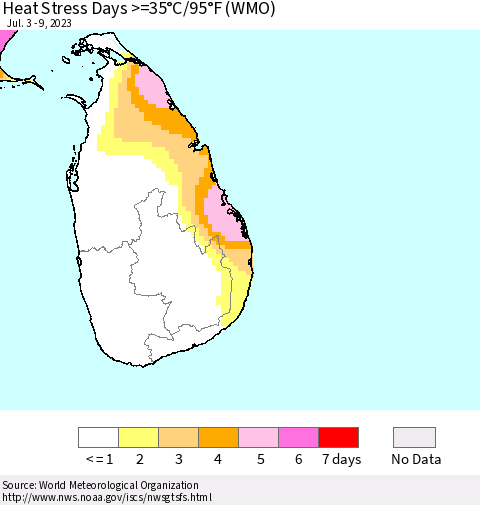 Sri Lanka Heat Stress Days >=35°C/95°F (WMO) Thematic Map For 7/3/2023 - 7/9/2023