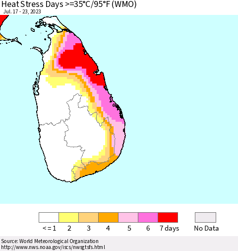Sri Lanka Heat Stress Days >=35°C/95°F (WMO) Thematic Map For 7/17/2023 - 7/23/2023
