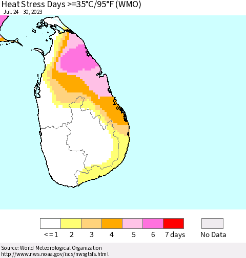 Sri Lanka Heat Stress Days >=35°C/95°F (WMO) Thematic Map For 7/24/2023 - 7/30/2023