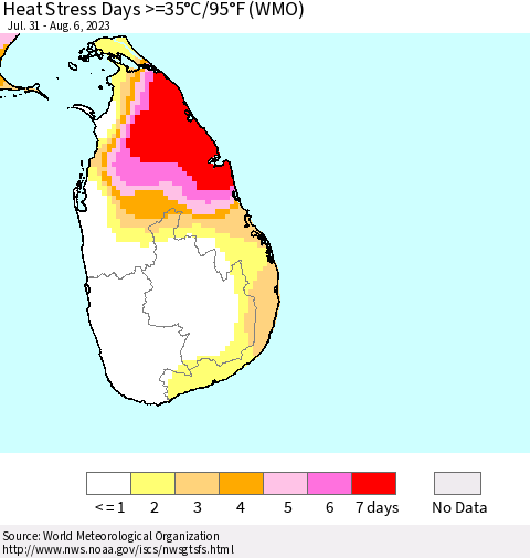 Sri Lanka Heat Stress Days >=35°C/95°F (WMO) Thematic Map For 7/31/2023 - 8/6/2023