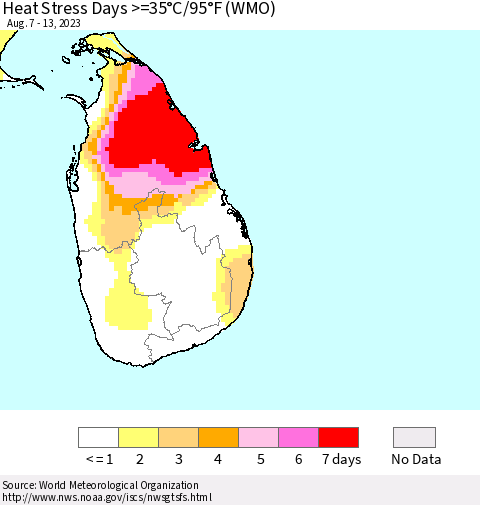 Sri Lanka Heat Stress Days >=35°C/95°F (WMO) Thematic Map For 8/7/2023 - 8/13/2023