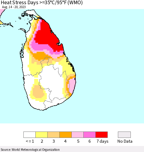 Sri Lanka Heat Stress Days >=35°C/95°F (WMO) Thematic Map For 8/14/2023 - 8/20/2023