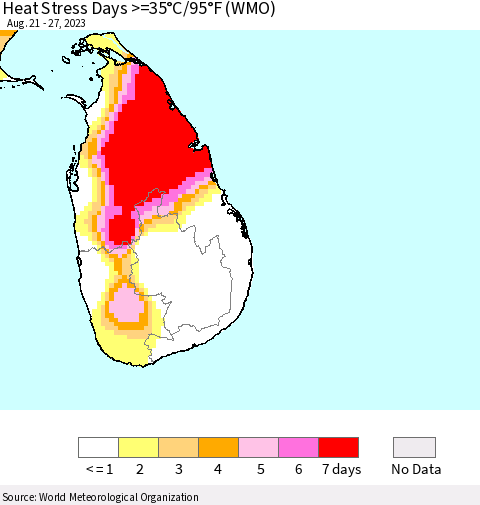 Sri Lanka Heat Stress Days >=35°C/95°F (WMO) Thematic Map For 8/21/2023 - 8/27/2023