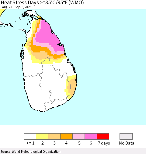 Sri Lanka Heat Stress Days >=35°C/95°F (WMO) Thematic Map For 8/28/2023 - 9/3/2023