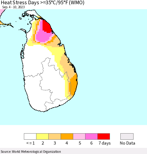 Sri Lanka Heat Stress Days >=35°C/95°F (WMO) Thematic Map For 9/4/2023 - 9/10/2023