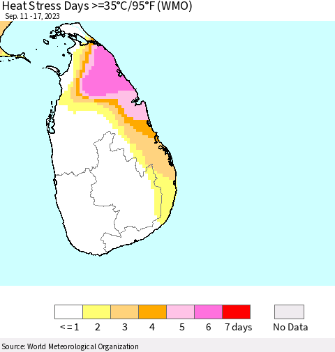 Sri Lanka Heat Stress Days >=35°C/95°F (WMO) Thematic Map For 9/11/2023 - 9/17/2023