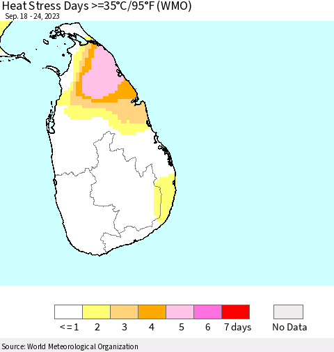 Sri Lanka Heat Stress Days >=35°C/95°F (WMO) Thematic Map For 9/18/2023 - 9/24/2023