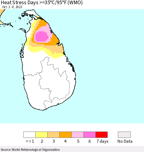 Sri Lanka Heat Stress Days >=35°C/95°F (WMO) Thematic Map For 10/2/2023 - 10/8/2023