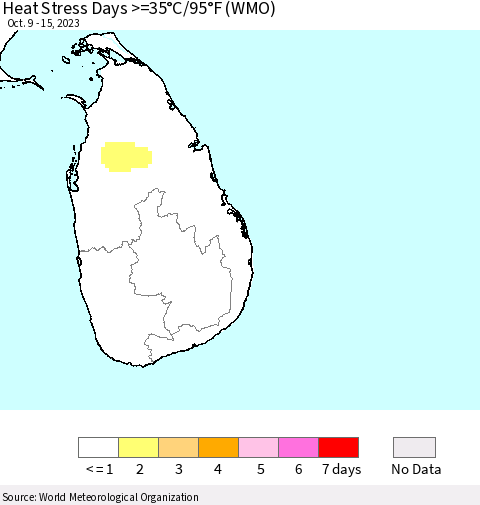 Sri Lanka Heat Stress Days >=35°C/95°F (WMO) Thematic Map For 10/9/2023 - 10/15/2023