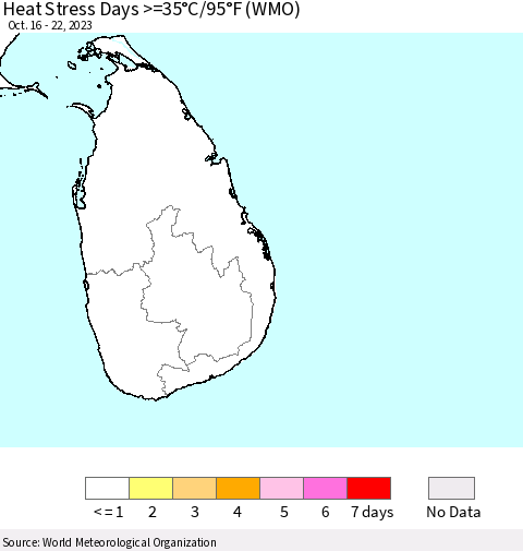 Sri Lanka Heat Stress Days >=35°C/95°F (WMO) Thematic Map For 10/16/2023 - 10/22/2023