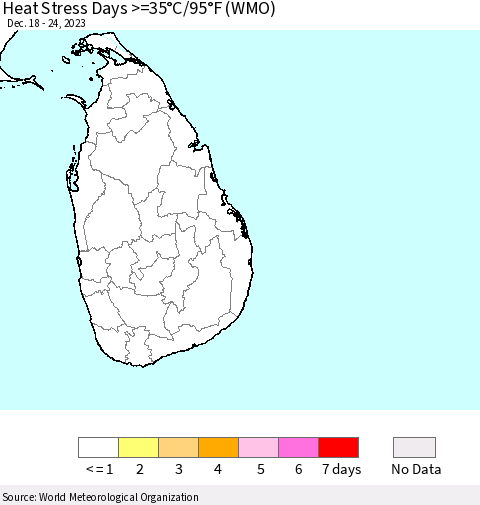 Sri Lanka Heat Stress Days >=35°C/95°F (WMO) Thematic Map For 12/18/2023 - 12/24/2023