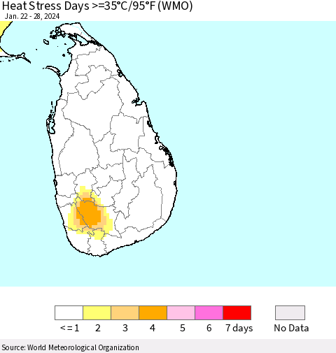 Sri Lanka Heat Stress Days >=35°C/95°F (WMO) Thematic Map For 1/22/2024 - 1/28/2024