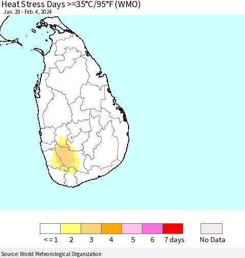 Sri Lanka Heat Stress Days >=35°C/95°F (WMO) Thematic Map For 1/29/2024 - 2/4/2024