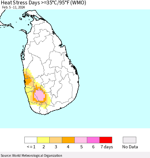 Sri Lanka Heat Stress Days >=35°C/95°F (WMO) Thematic Map For 2/5/2024 - 2/11/2024