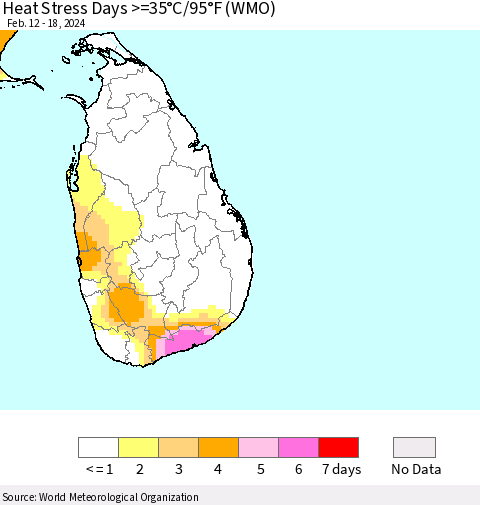 Sri Lanka Heat Stress Days >=35°C/95°F (WMO) Thematic Map For 2/12/2024 - 2/18/2024