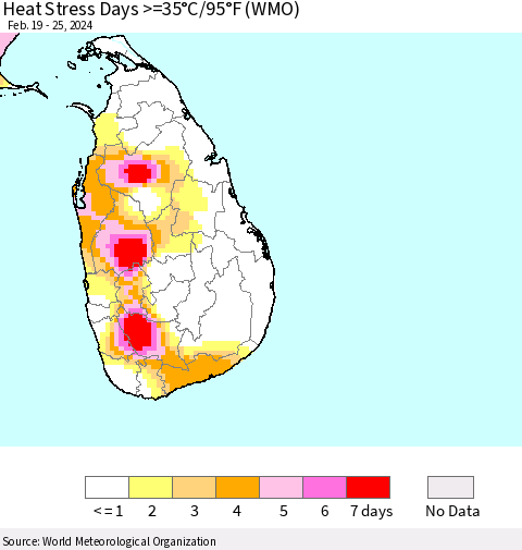 Sri Lanka Heat Stress Days >=35°C/95°F (WMO) Thematic Map For 2/19/2024 - 2/25/2024