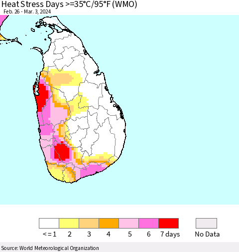 Sri Lanka Heat Stress Days >=35°C/95°F (WMO) Thematic Map For 2/26/2024 - 3/3/2024