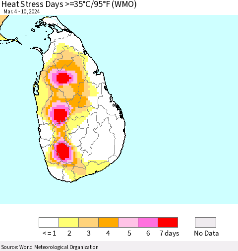 Sri Lanka Heat Stress Days >=35°C/95°F (WMO) Thematic Map For 3/4/2024 - 3/10/2024