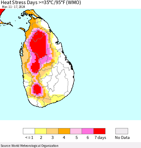 Sri Lanka Heat Stress Days >=35°C/95°F (WMO) Thematic Map For 3/11/2024 - 3/17/2024