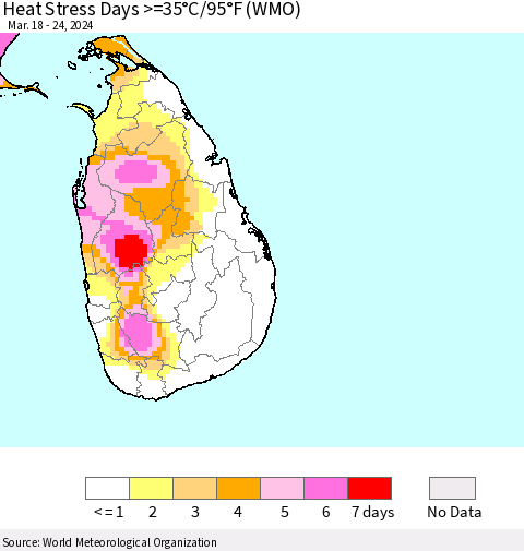 Sri Lanka Heat Stress Days >=35°C/95°F (WMO) Thematic Map For 3/18/2024 - 3/24/2024