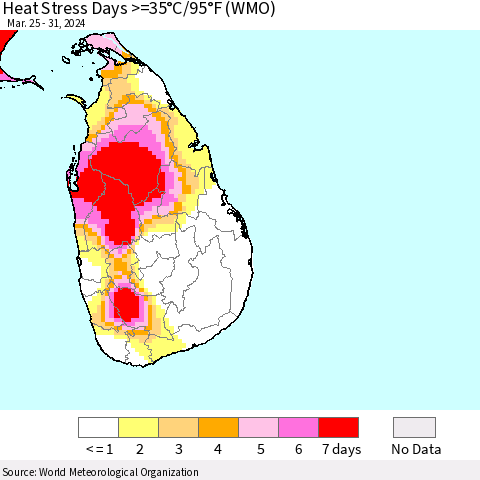 Sri Lanka Heat Stress Days >=35°C/95°F (WMO) Thematic Map For 3/25/2024 - 3/31/2024