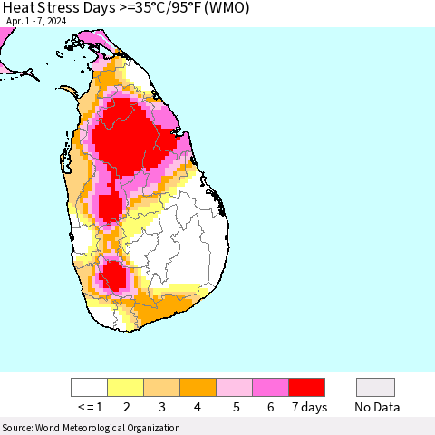 Sri Lanka Heat Stress Days >=35°C/95°F (WMO) Thematic Map For 4/1/2024 - 4/7/2024