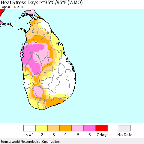Sri Lanka Heat Stress Days >=35°C/95°F (WMO) Thematic Map For 4/8/2024 - 4/14/2024