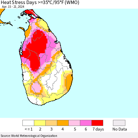 Sri Lanka Heat Stress Days >=35°C/95°F (WMO) Thematic Map For 4/15/2024 - 4/21/2024