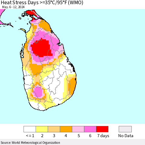 Sri Lanka Heat Stress Days >=35°C/95°F (WMO) Thematic Map For 5/6/2024 - 5/12/2024