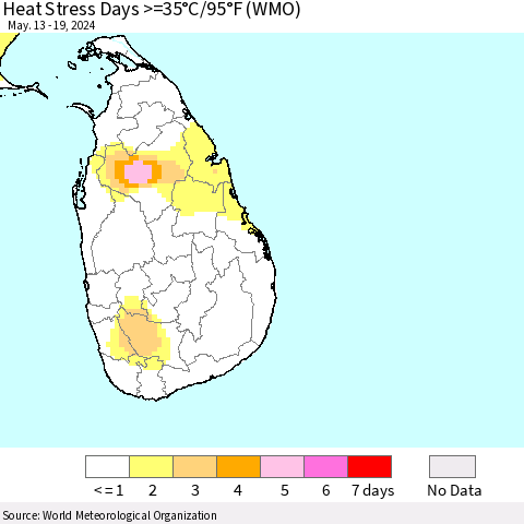 Sri Lanka Heat Stress Days >=35°C/95°F (WMO) Thematic Map For 5/13/2024 - 5/19/2024