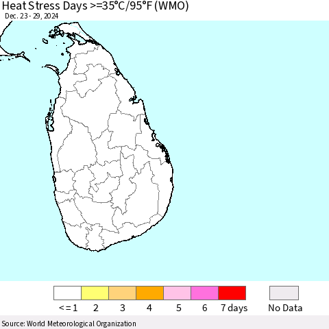Sri Lanka Heat Stress Days >=35°C/95°F (WMO) Thematic Map For 12/23/2024 - 12/29/2024