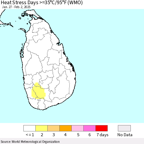 Sri Lanka Heat Stress Days >=35°C/95°F (WMO) Thematic Map For 1/27/2025 - 2/2/2025
