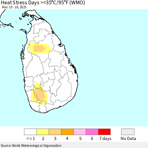 Sri Lanka Heat Stress Days >=35°C/95°F (WMO) Thematic Map For 3/10/2025 - 3/16/2025