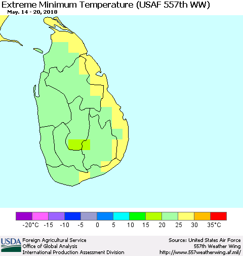 Sri Lanka Minimum Daily Temperature (USAF 557th WW) Thematic Map For 5/14/2018 - 5/20/2018