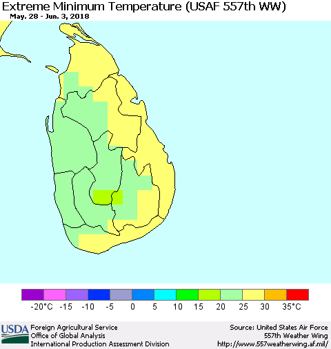 Sri Lanka Minimum Daily Temperature (USAF 557th WW) Thematic Map For 5/28/2018 - 6/3/2018