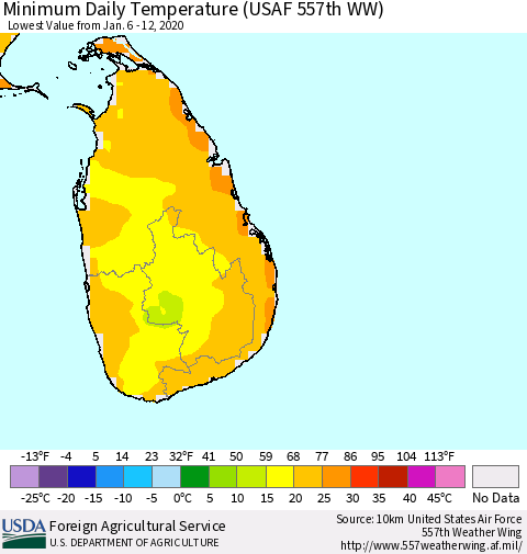 Sri Lanka Extreme Minimum Temperature (USAF 557th WW) Thematic Map For 1/6/2020 - 1/12/2020