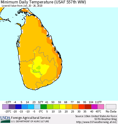 Sri Lanka Extreme Minimum Temperature (USAF 557th WW) Thematic Map For 1/20/2020 - 1/26/2020