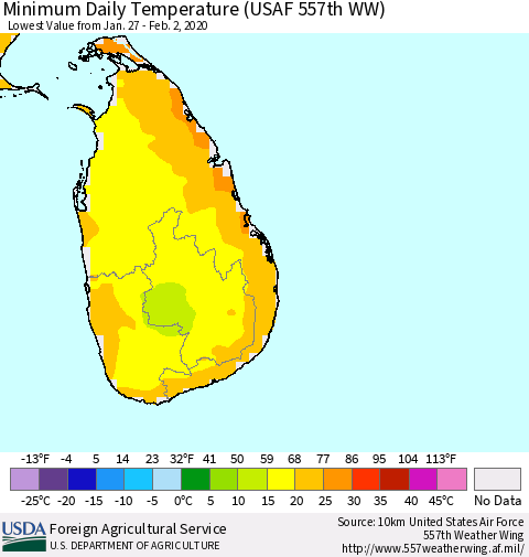 Sri Lanka Minimum Daily Temperature (USAF 557th WW) Thematic Map For 1/27/2020 - 2/2/2020