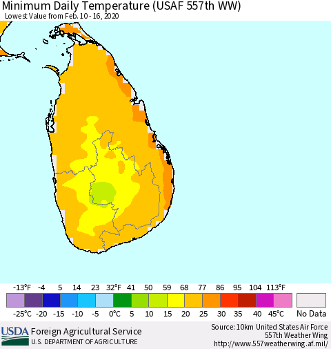 Sri Lanka Extreme Minimum Temperature (USAF 557th WW) Thematic Map For 2/10/2020 - 2/16/2020