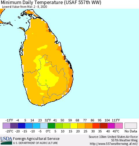 Sri Lanka Extreme Minimum Temperature (USAF 557th WW) Thematic Map For 3/2/2020 - 3/8/2020