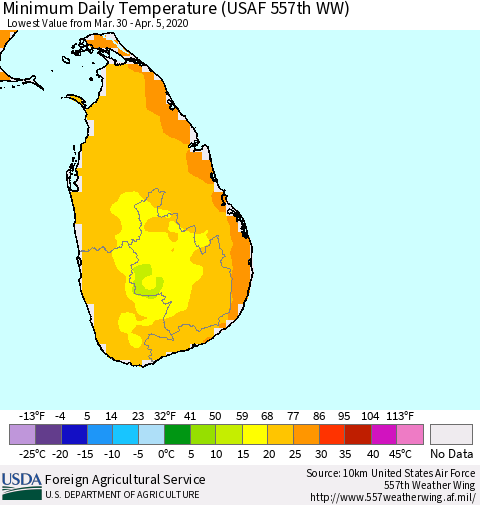Sri Lanka Extreme Minimum Temperature (USAF 557th WW) Thematic Map For 3/30/2020 - 4/5/2020