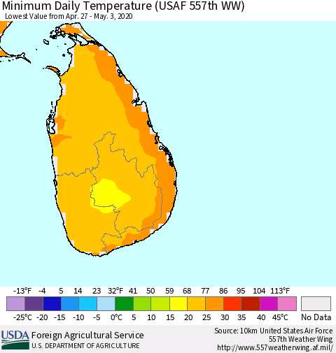 Sri Lanka Extreme Minimum Temperature (USAF 557th WW) Thematic Map For 4/27/2020 - 5/3/2020