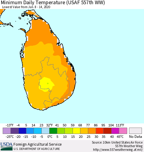 Sri Lanka Minimum Daily Temperature (USAF 557th WW) Thematic Map For 6/8/2020 - 6/14/2020