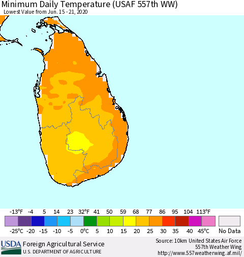 Sri Lanka Extreme Minimum Temperature (USAF 557th WW) Thematic Map For 6/15/2020 - 6/21/2020
