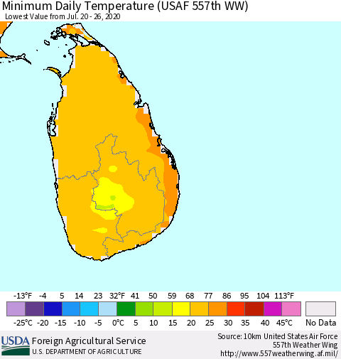 Sri Lanka Minimum Daily Temperature (USAF 557th WW) Thematic Map For 7/20/2020 - 7/26/2020