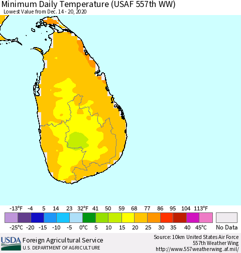 Sri Lanka Extreme Minimum Temperature (USAF 557th WW) Thematic Map For 12/14/2020 - 12/20/2020