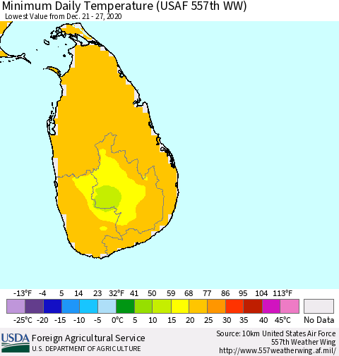 Sri Lanka Minimum Daily Temperature (USAF 557th WW) Thematic Map For 12/21/2020 - 12/27/2020