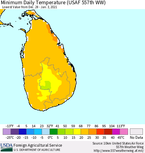 Sri Lanka Extreme Minimum Temperature (USAF 557th WW) Thematic Map For 12/28/2020 - 1/3/2021