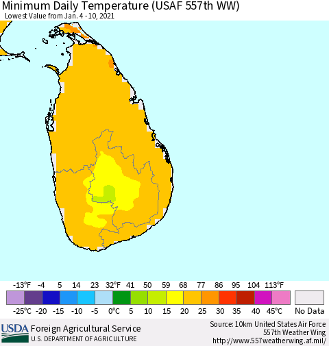 Sri Lanka Minimum Daily Temperature (USAF 557th WW) Thematic Map For 1/4/2021 - 1/10/2021